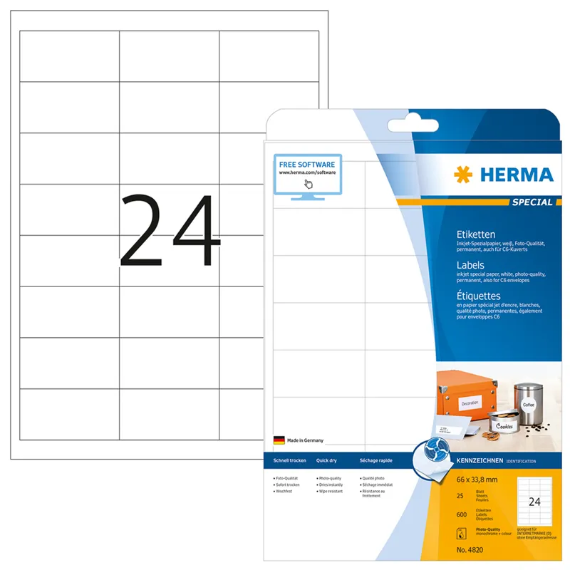 HERMA étiquettes InkPrint spécial pour jet d'encre - blanc - 66.0x33.8